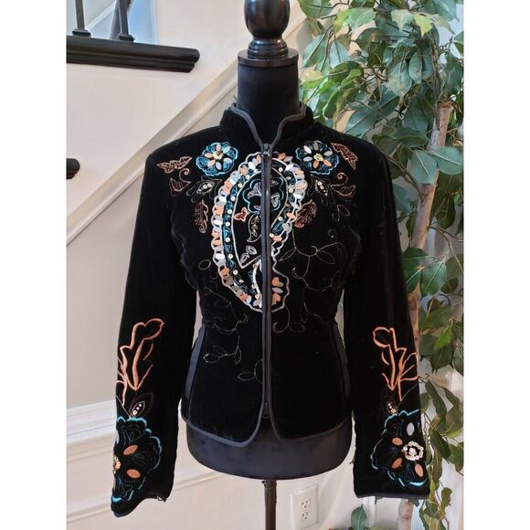 Harve Benard Womens Black Velvet Floral Embroidered Sequin Zip Blazer Jacket 10P - Picture 1 of 14